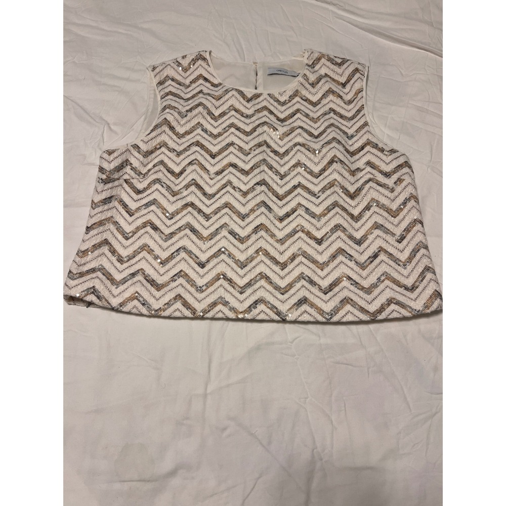 Greylin Women XL Sequin Chevron Crop Top White Gold Silver Sleeveless G2310T6870